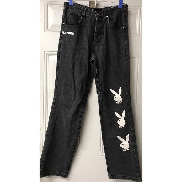 EUC Vintage PLAYBOY BUNNY Wide Legs Baggy Black Denim Jeans Sz 3 Button Fly! Y2K - Picture 1 of 5
